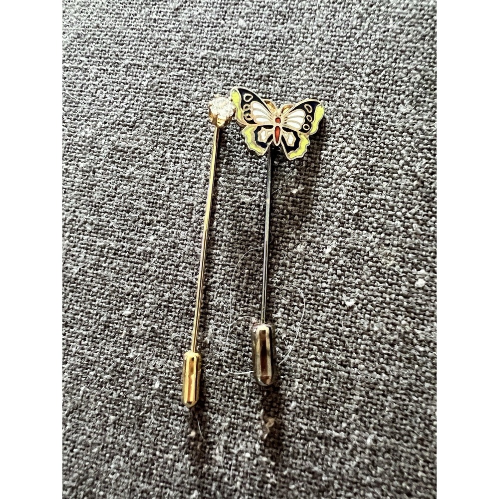 Two Vtg Stick Pins Butterfly And Round Rhinestone